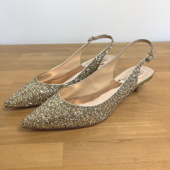Badgley Mischka Gold Sequin Sparkle Slingback Bridal Holiday Party Kitten Heels - Picture 1 of 8